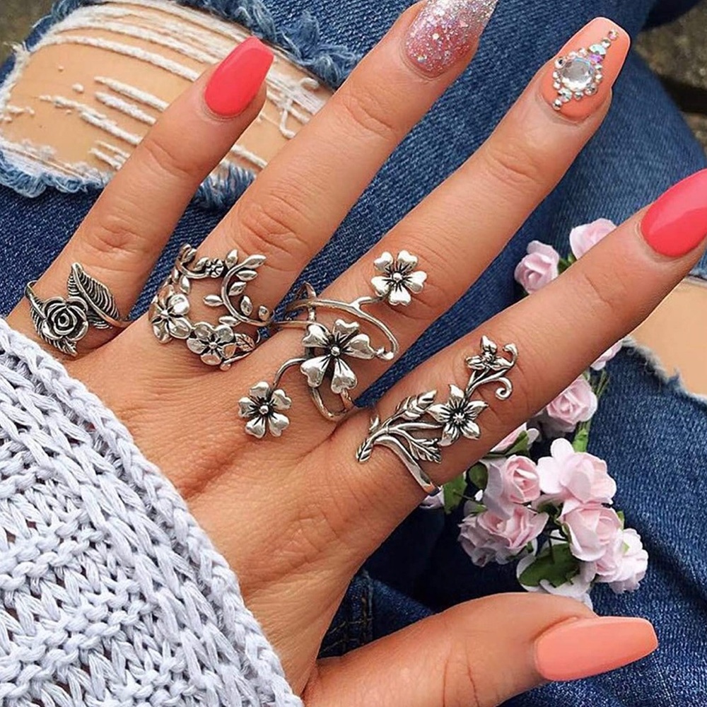 4pc Floral Ring Set Thumb Knuckle New Sz 6 Sz 6.5